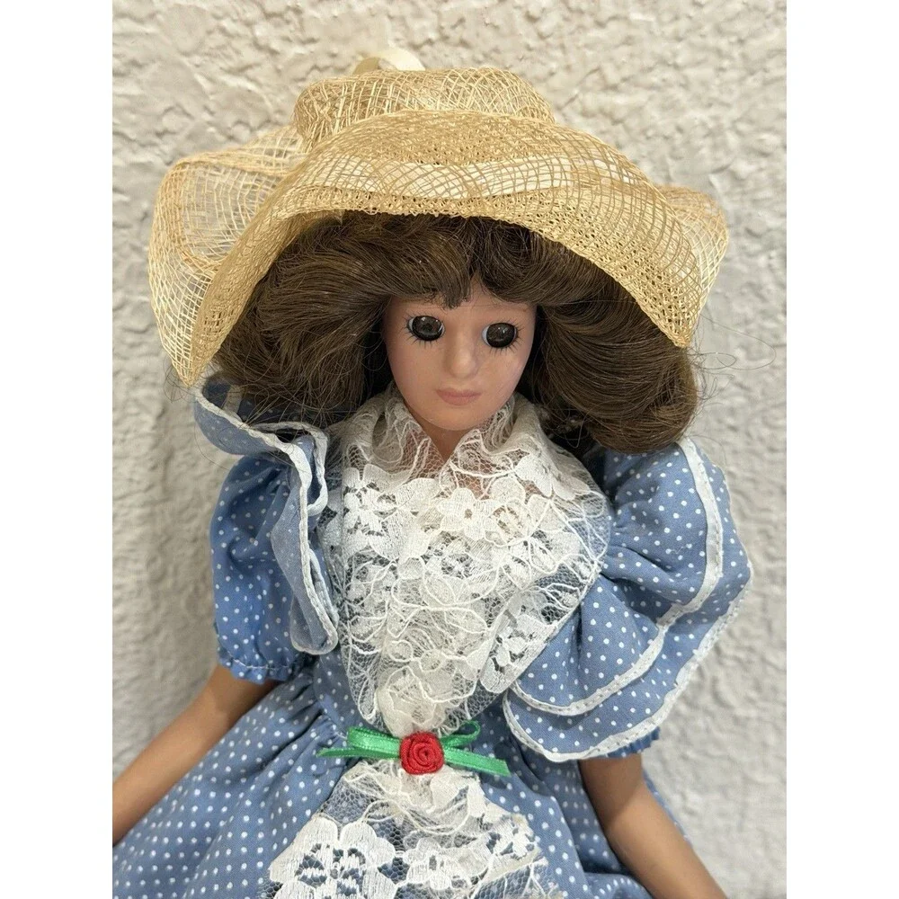 Vintage Porcelain Doll Blue Polka Dot Lace Dress Straw Hat Brunette Display